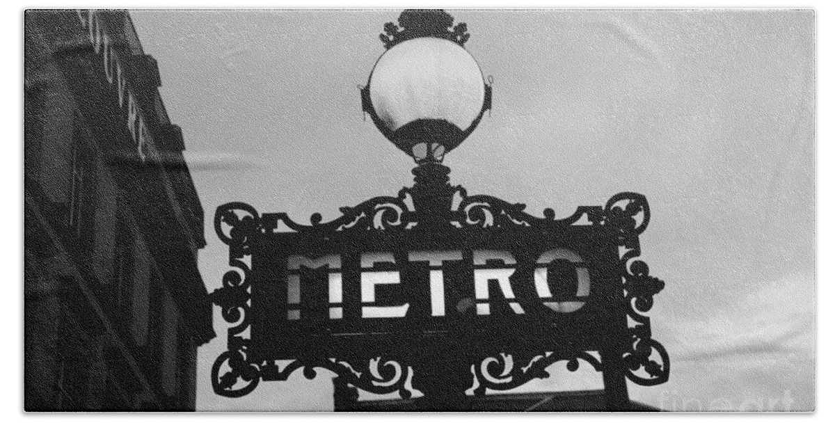 Paris Hand Towel featuring the photograph Paris Metro Sign Black and White Art - Ornate Metro Sign at the Louvre - Metro Sign Architecture by Kathy Fornal