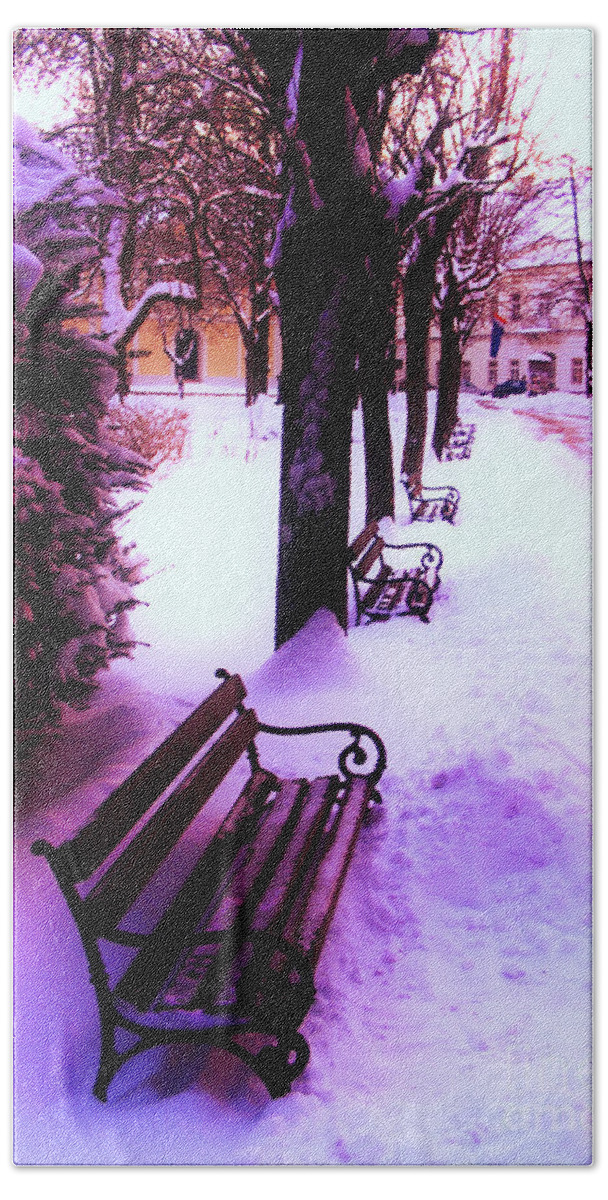 Winter Hand Towel featuring the photograph Park Benches In Snow by Nina Ficur Feenan