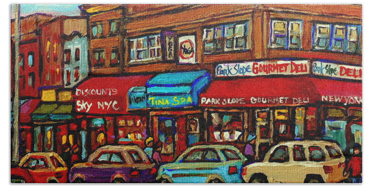 New York City Hand Towel featuring the painting Park Slope Gourmet Deli 5th Avenue New York Paintings Storefronts Street Scenes Carole Spandau by Carole Spandau