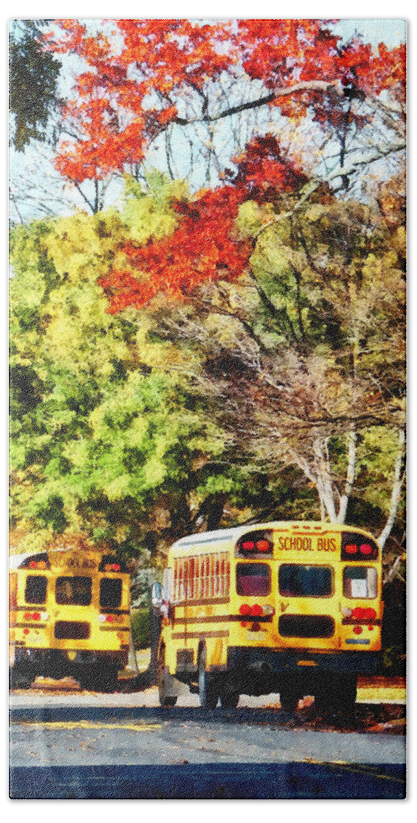 Bus Hand Towel featuring the photograph Parked School Buses by Susan Savad