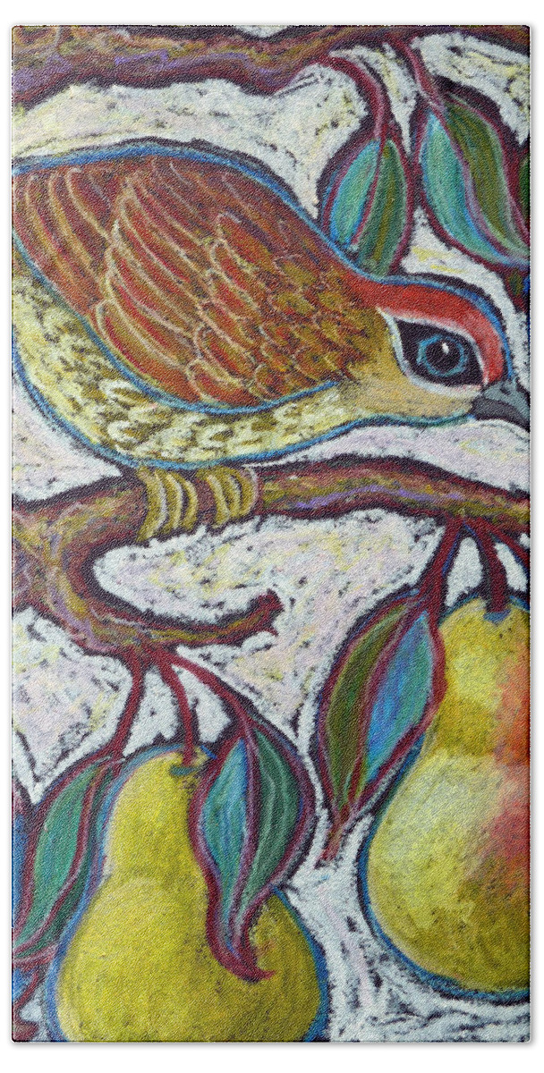 Partridge In A Pear Tree Hand Towel featuring the painting Partridge in a Pear Tree 3 by Ande Hall