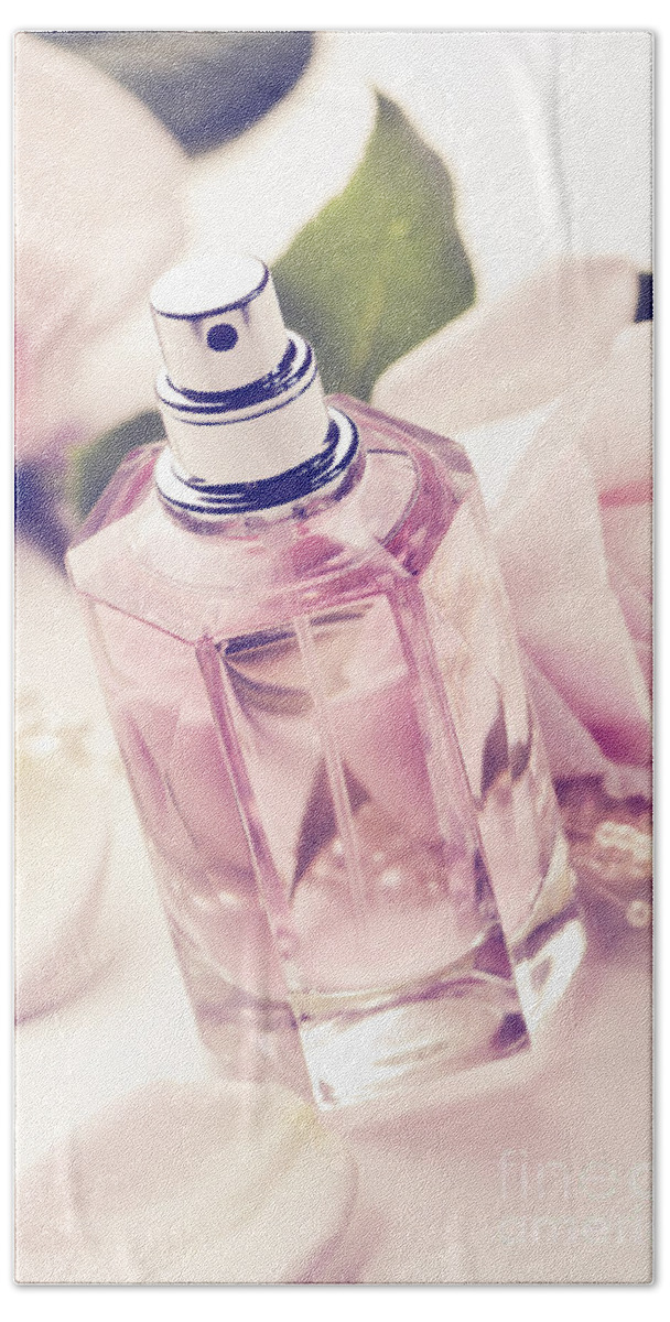 Bottle Bath Towel featuring the photograph Perfume Bottle with roses and pearls still life by Jelena Jovanovic