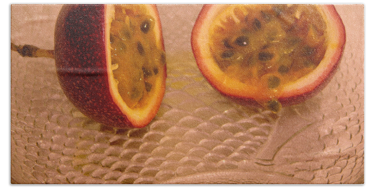 Photography Bath Towel featuring the photograph Passion fruit on fish plate 11-3-13 by Julianne Felton