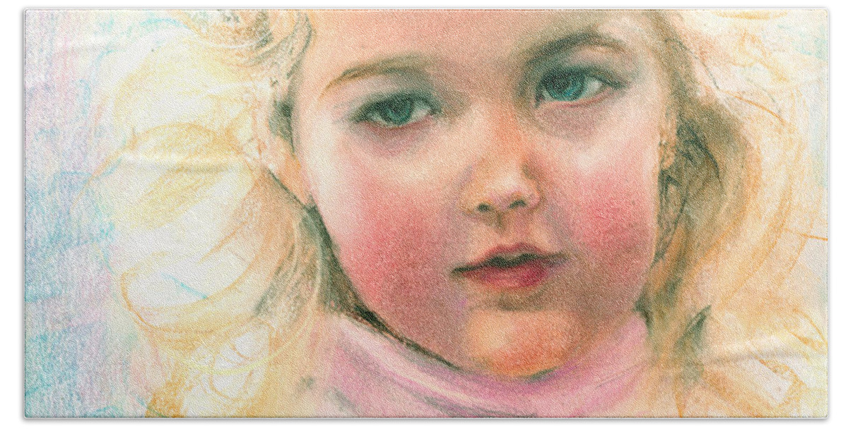 Greta Corens Pastel Portrait Of An Angelic Girl Hand Towel featuring the painting Pastel portrait of an angelic girl by Greta Corens