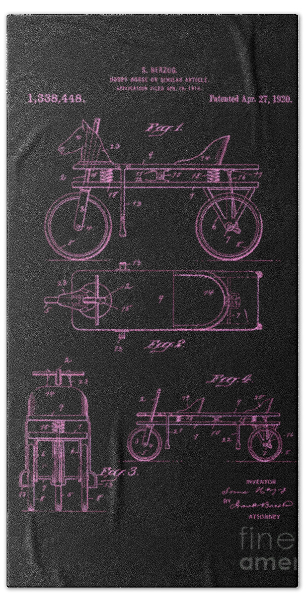 Hobby Horse Bath Towel featuring the digital art Patent Art 1920 Herzog Hobby Horse Pink by Lesa Fine