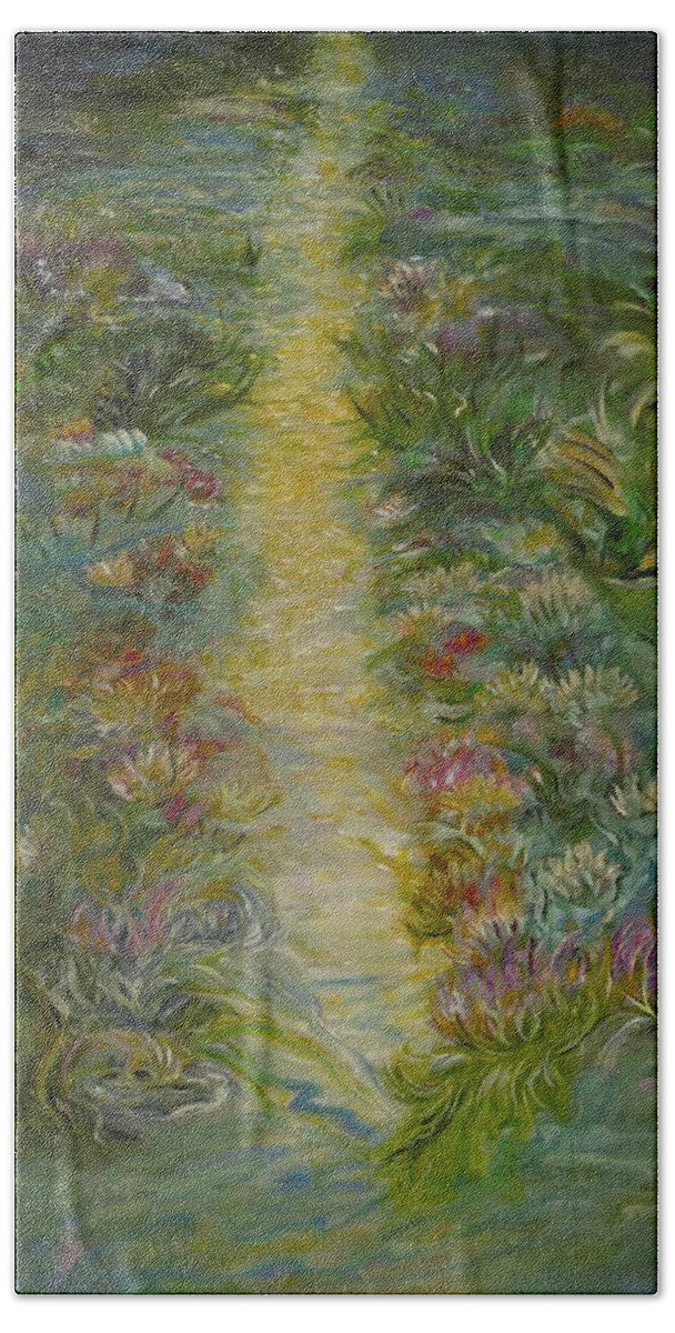 Inspirational Theme Hand Towel featuring the painting Pathways and Partings by Sara Credito