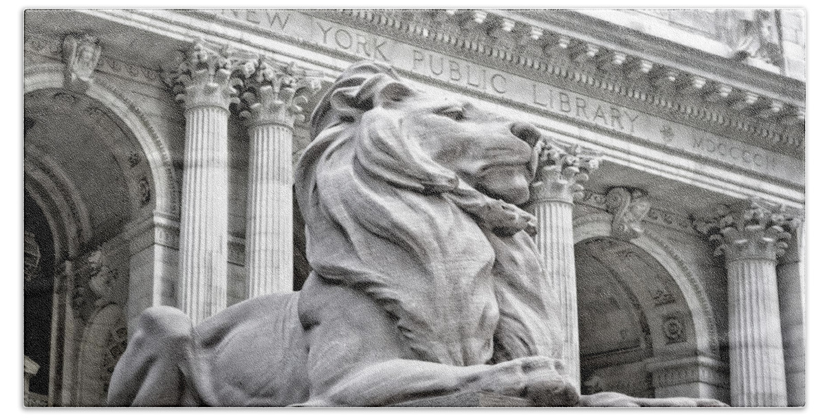 New York Public Library Bath Towel featuring the photograph Patience The NYPL Lion by Susan Candelario