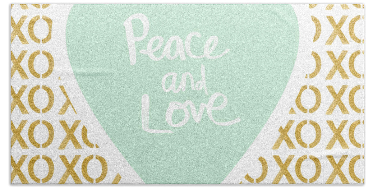 Peace Bath Towel featuring the mixed media Peace and Love in Aqua and Gold by Linda Woods