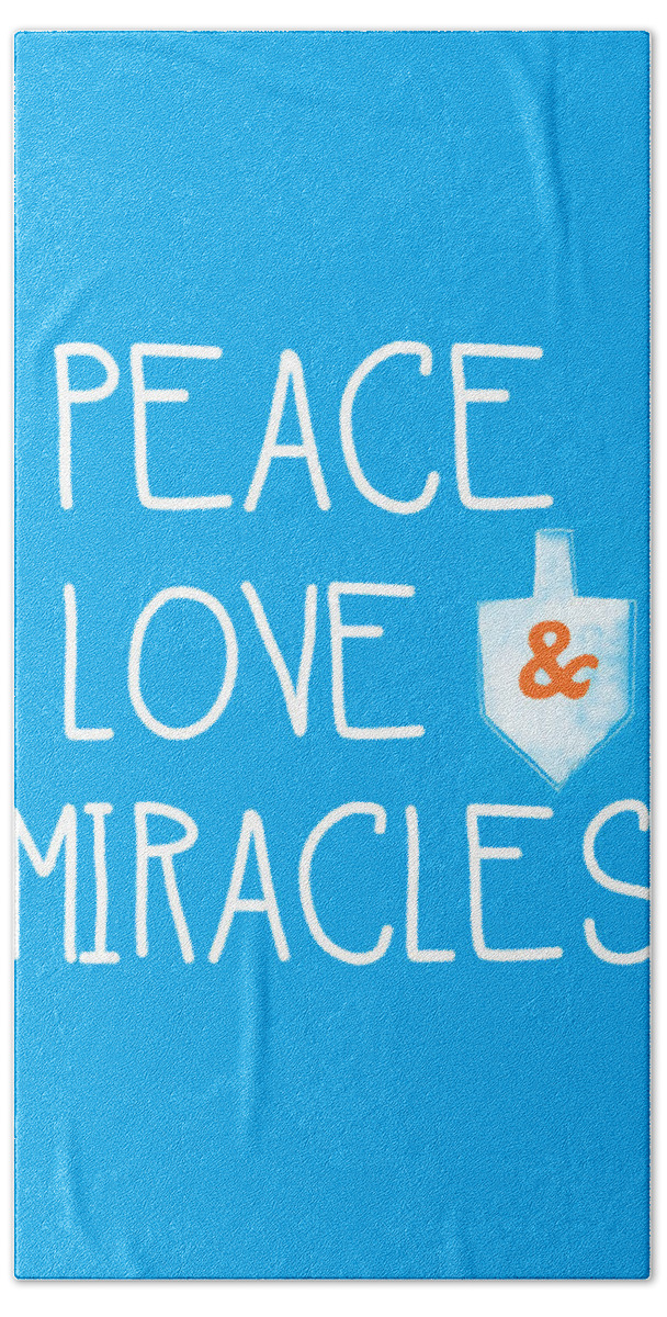 #faaAdWordsBest Hand Towel featuring the mixed media Peace Love and Miracles with Dreidel by Linda Woods