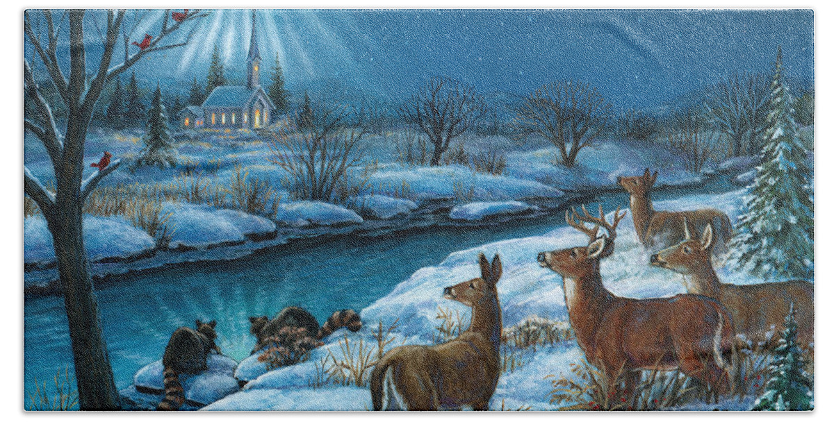 Randy Wollenmann Hand Towel featuring the painting Peaceful Winters Night by Randy Wollenmann