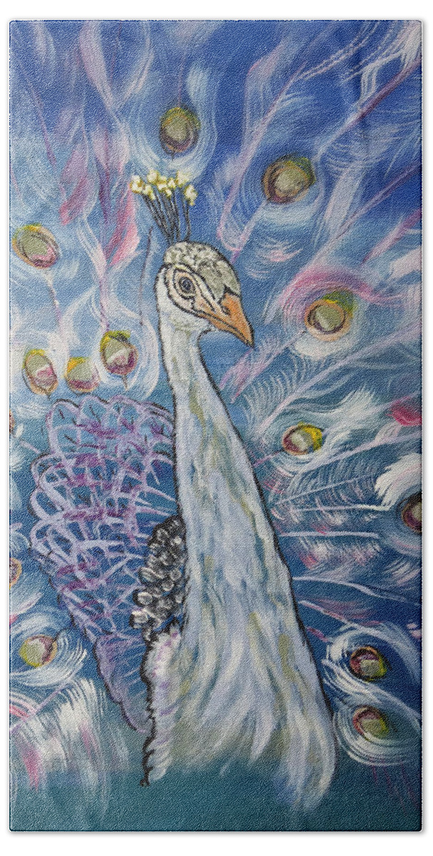 Animals Hand Towel featuring the painting Peacock Dressed In White by Ella Kaye Dickey