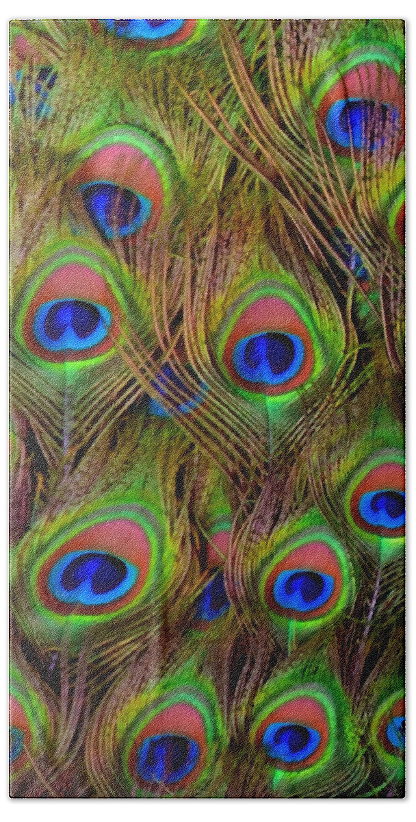 Large Hand Towel featuring the mixed media Peacock Tail Feathers by Angelina Tamez