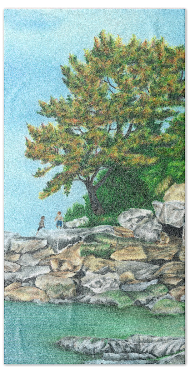 Early Fall Hand Towel featuring the drawing Peaks Island by Troy Levesque