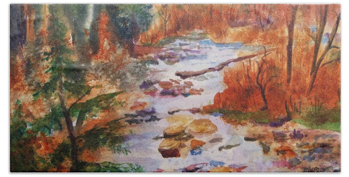 Creek Bath Towel featuring the painting Pebbled Creek by Ellen Levinson