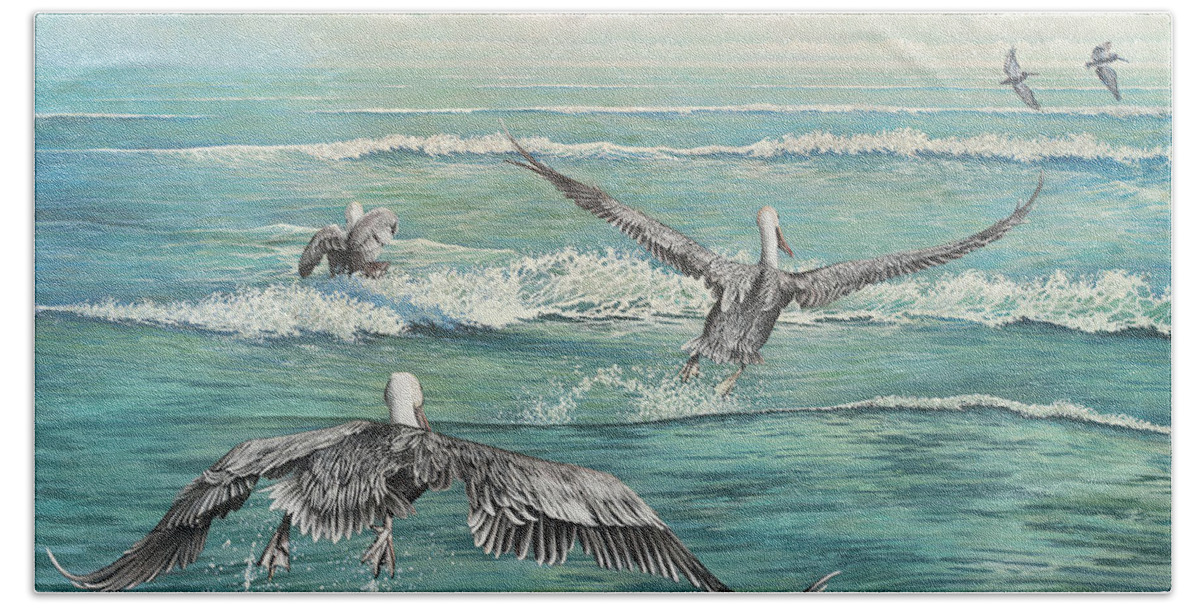 Pelican Hand Towel featuring the digital art Pelican Beach by Bruce Nawrocke