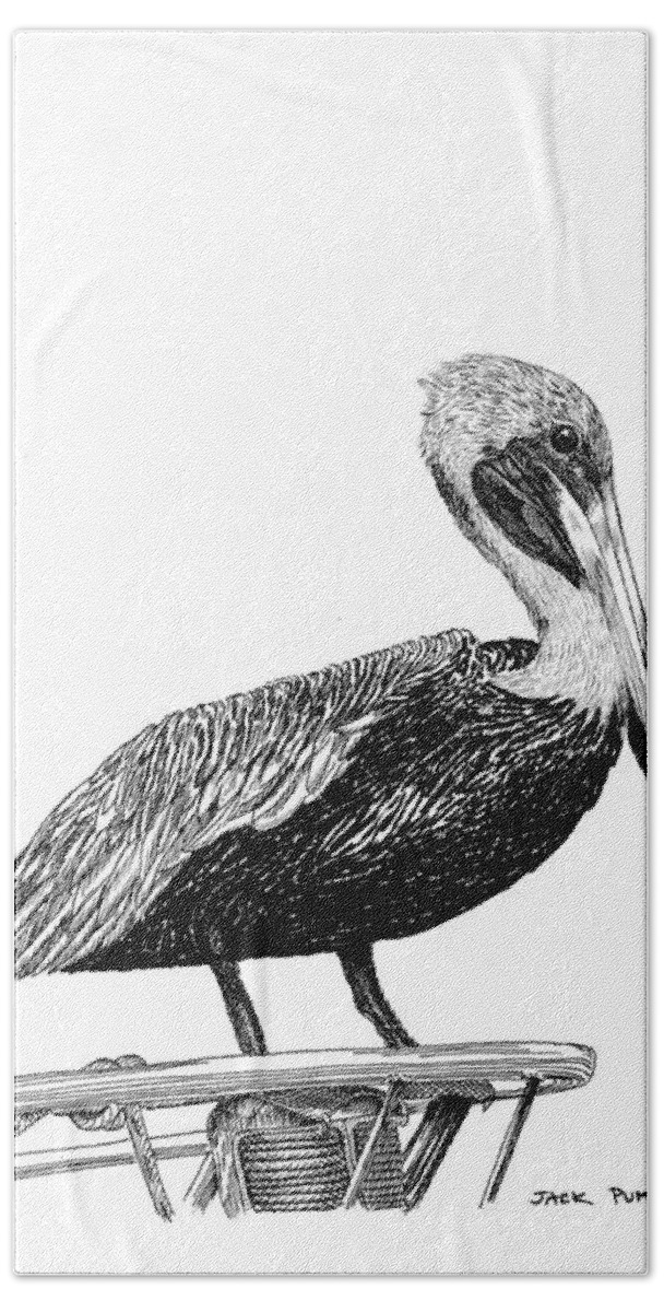 Priced Starting At $ 100.00 To $ 125.00 Hand Towel featuring the drawing Monterey Pelican Pooping by Jack Pumphrey