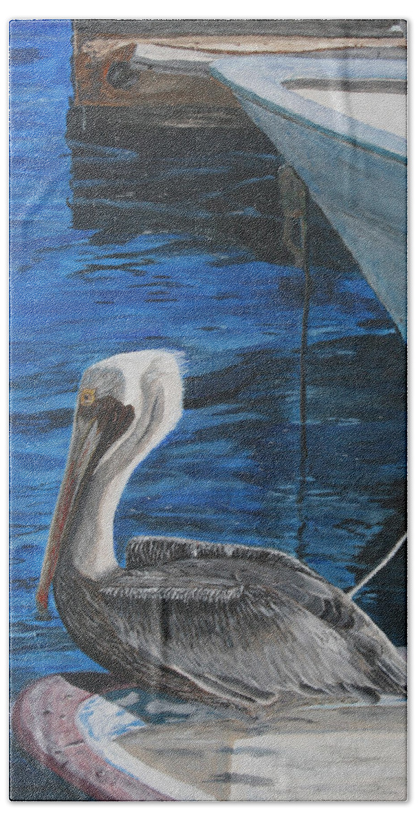 Ocean Bath Towel featuring the painting Pelican on a Boat by Ian Donley