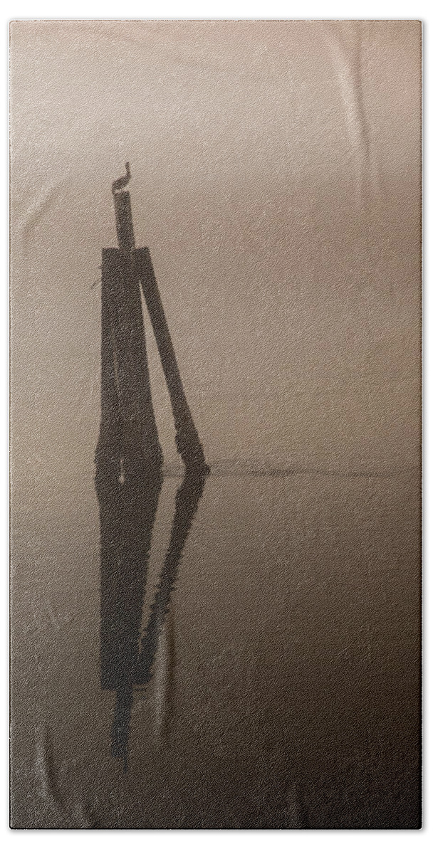 Foggy Bath Towel featuring the photograph Pelican on a Stick by Monte Arnold