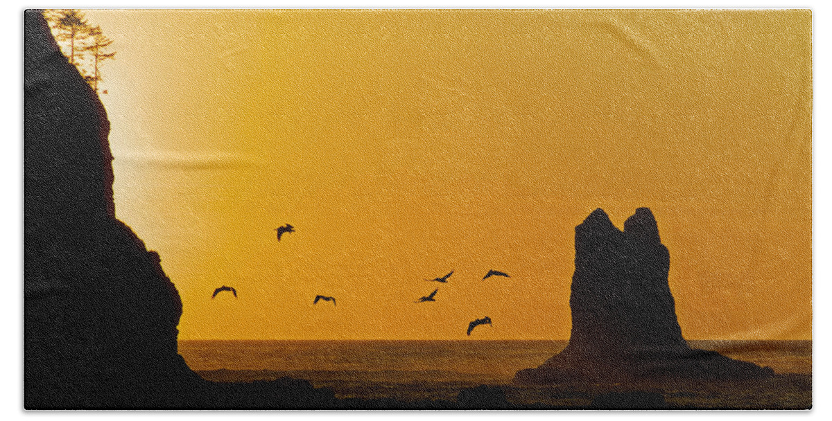 La Push Hand Towel featuring the photograph Pelicans on the Wing II by Greg Reed
