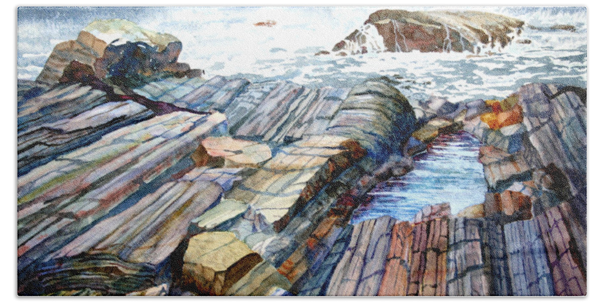 Maine Bath Towel featuring the painting Pemaquid Rocks by Roger Rockefeller