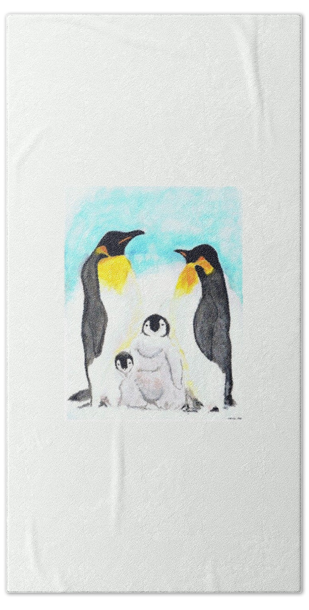 Emperor Penguins Bath Towel featuring the painting Penguins by Denise Railey