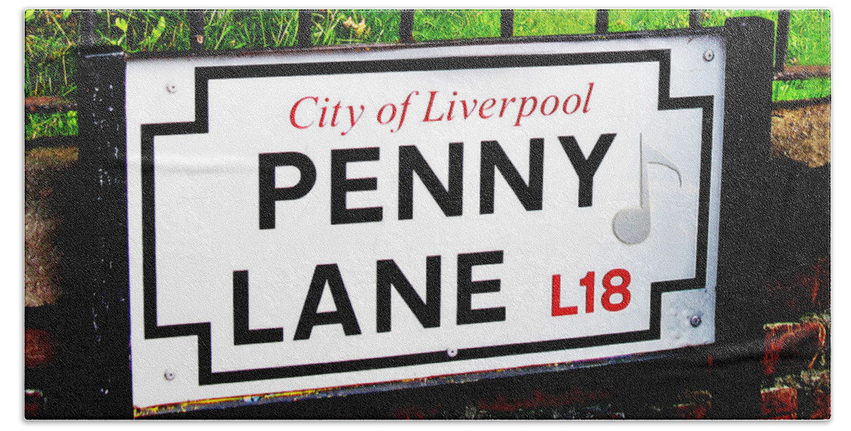 Sign Hand Towel featuring the photograph Penny Lane sign Liverpool England with musical note by Tom Conway