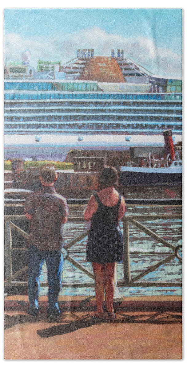 Ship Hand Towel featuring the painting People at Southampton Eastern Docks viewing ship by Martin Davey