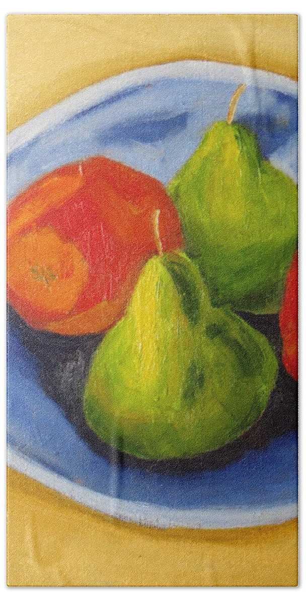 Blue Hand Towel featuring the painting Pear Apple Bright by Patricia Cleasby