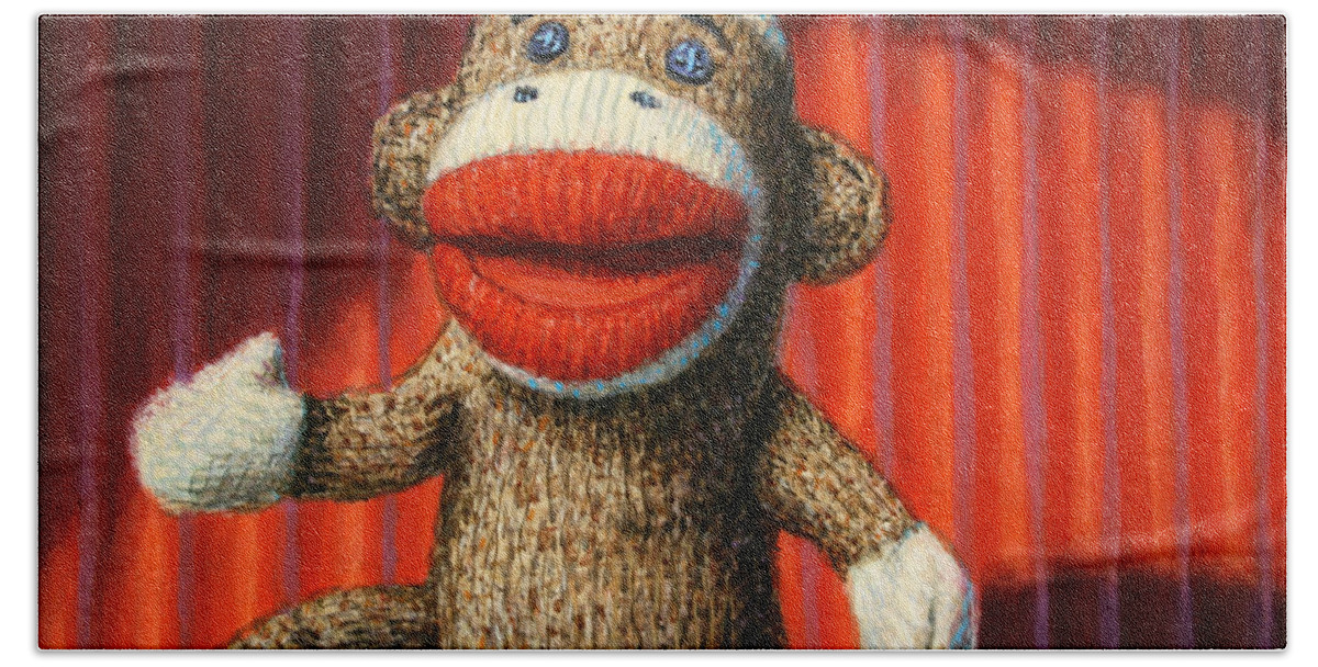 Sock Monkey Hand Towel featuring the painting Performing Sock Monkey by James W Johnson