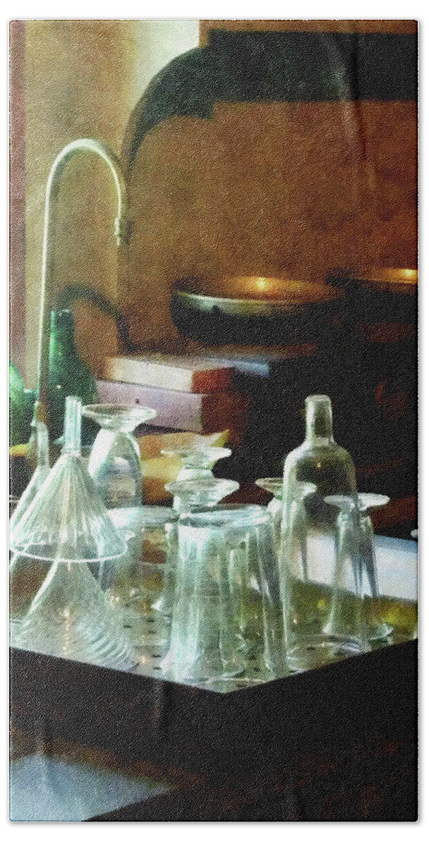Funnels Hand Towel featuring the photograph Pharmacy - Glass Funnels and Bottles by Susan Savad