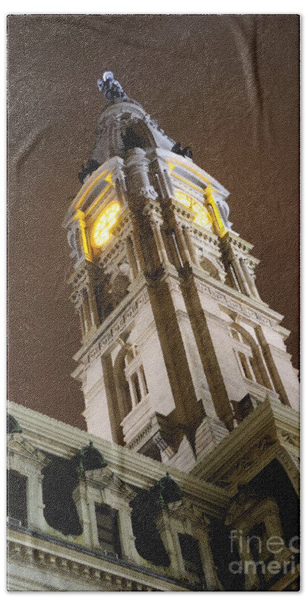 Philadelphia Hand Towel featuring the photograph Philadelphia City Hall Clock Tower at Night by Gary Whitton