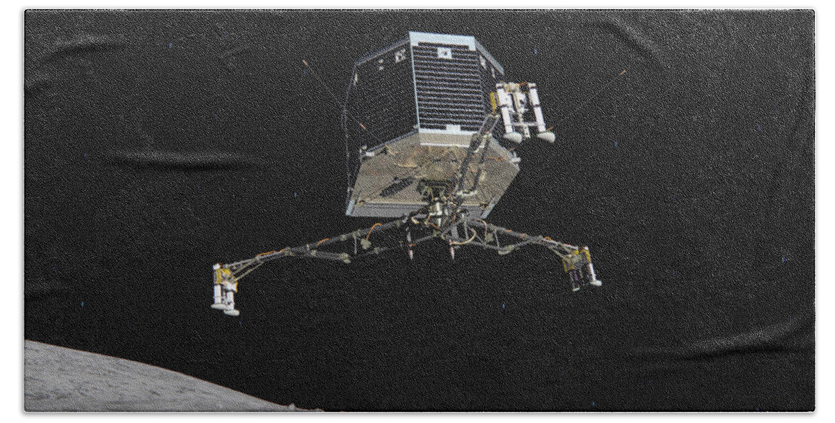 Comet Hand Towel featuring the photograph Philae Lander Descending To Comet 67pc-g by Science Source