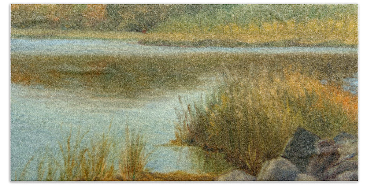 Landscape Hand Towel featuring the painting Piermont Shoreline by Phyllis Tarlow