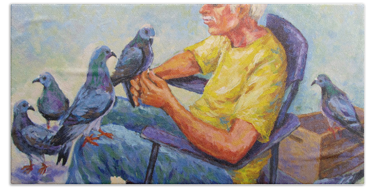 Pigeon Bath Towel featuring the painting Pigeon Talk by Jyotika Shroff