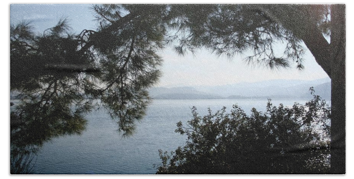 Akyaka Hand Towel featuring the photograph Pine Trees Overhanging The Aegean Sea by Taiche Acrylic Art
