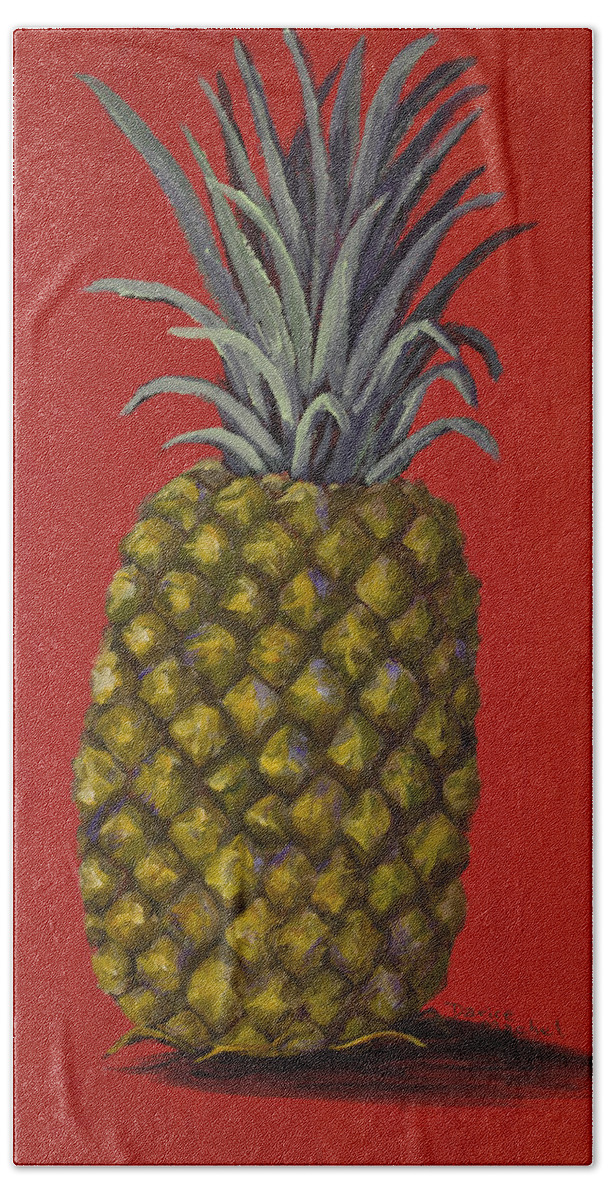 Fruit Hand Towel featuring the painting Pineapple on Red by Darice Machel McGuire