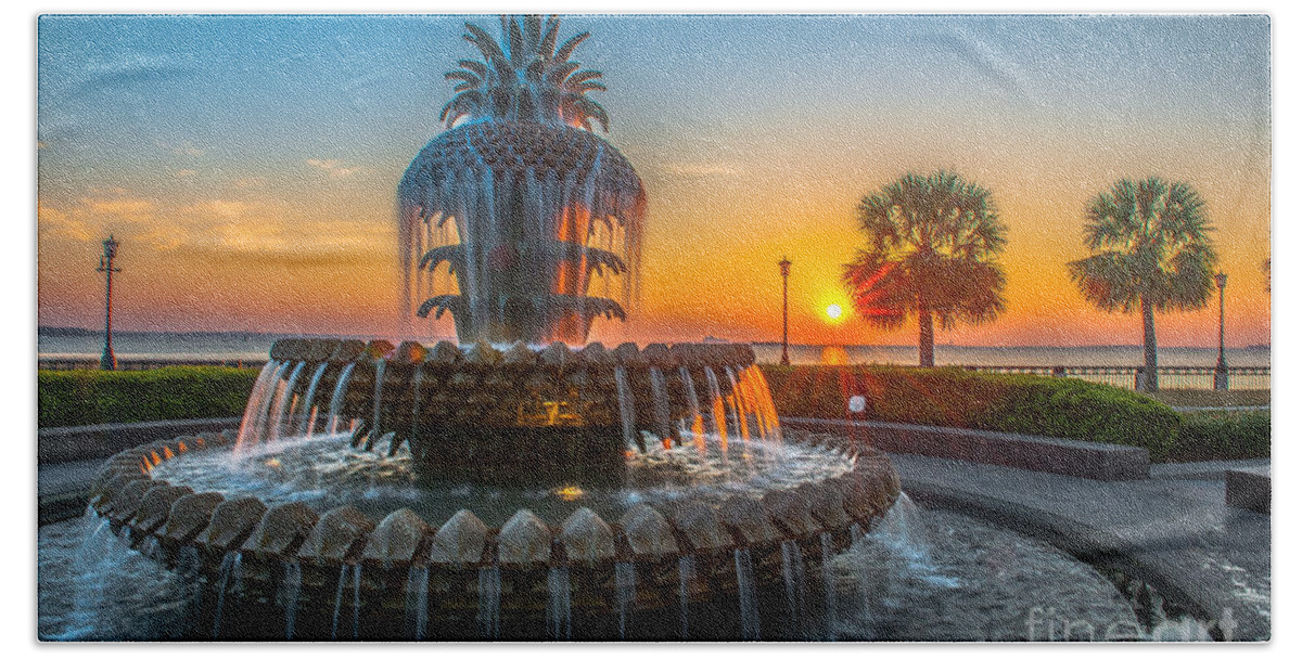 Pineapple Fountain Bath Towel featuring the photograph Charleston Pineapple Sunrise by Dale Powell