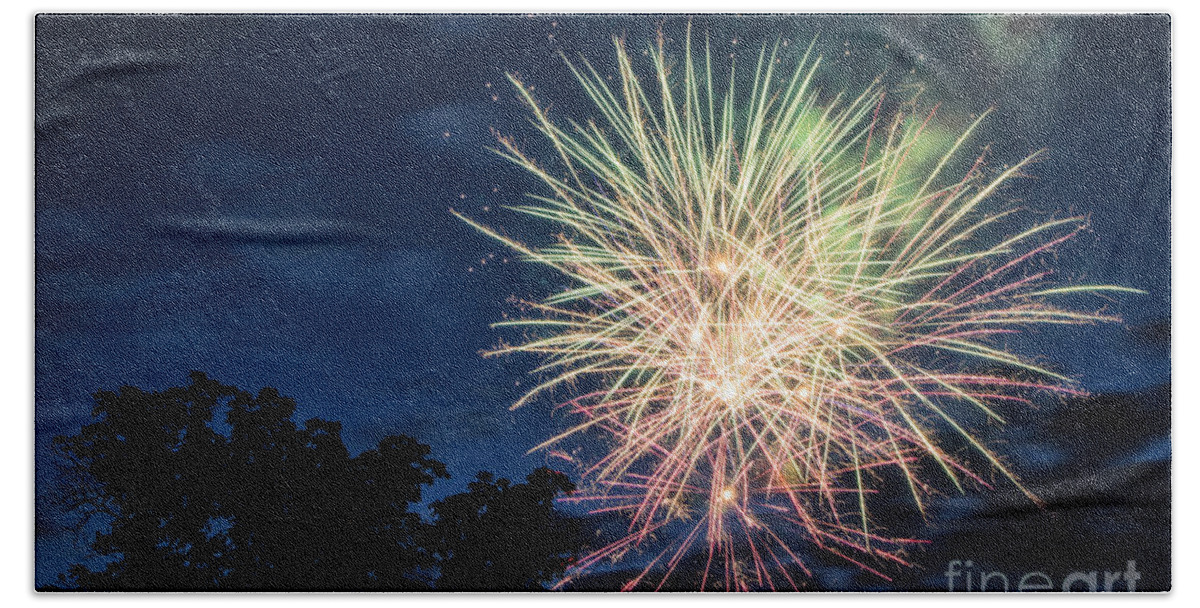 Fireworks Bath Towel featuring the photograph Pink and Green by Timothy Hacker