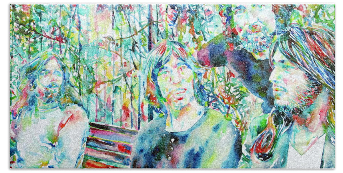 Pink Bath Towel featuring the painting PINK FLOYD at THE PARK WATERCOLOR PORTRAIT by Fabrizio Cassetta