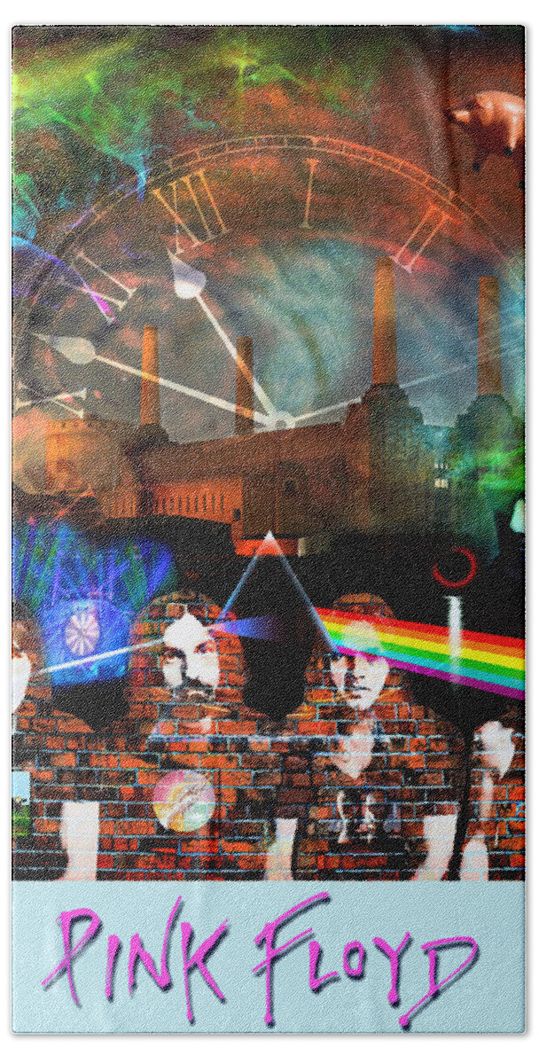 Pink Floyd Hand Towel featuring the digital art Pink Floyd Collage by Mal Bray