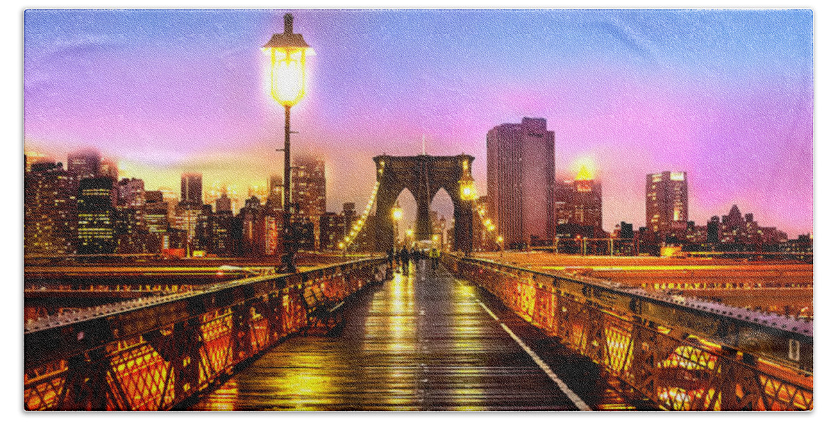 Brooklyn Bridge Bath Towel featuring the photograph Pink Fog Of New York City by Az Jackson