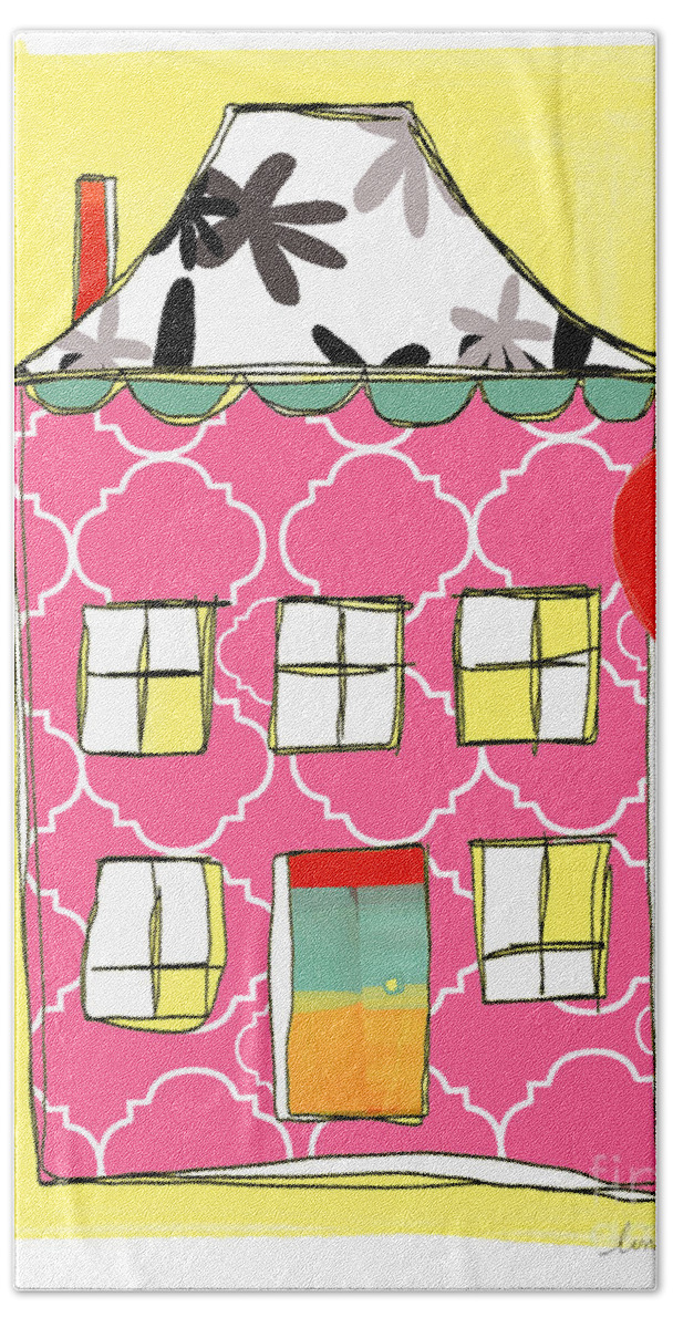 House Hand Towel featuring the painting Pink House by Linda Woods