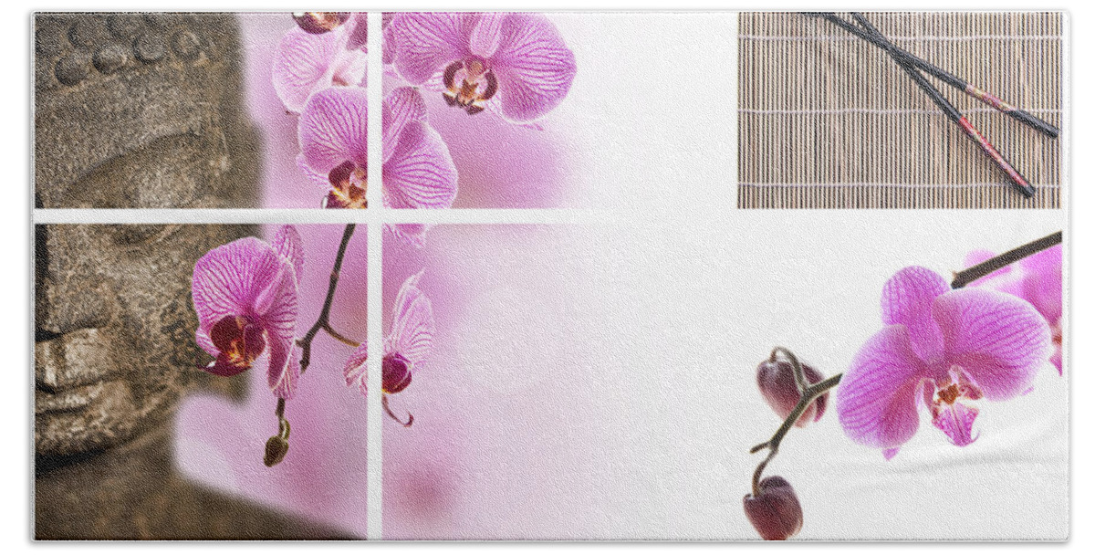 Buddha Hand Towel featuring the photograph Pink orchid and Buddha collage by Delphimages Photo Creations