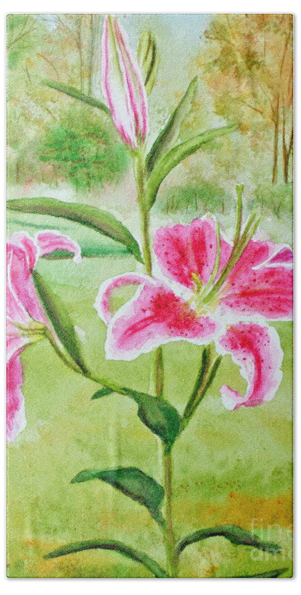 Pink Oriental Lillies Hand Towel featuring the painting Pink Oriental Lillies by Kathryn Duncan