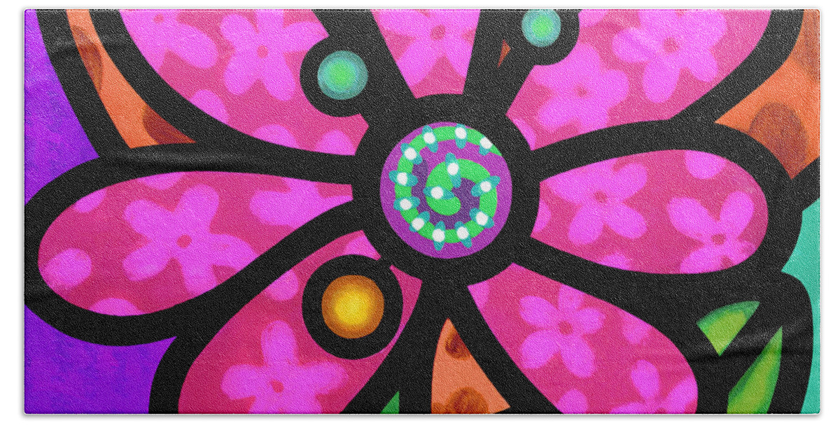 Abstract Hand Towel featuring the painting Pink Pinwheel Daisy by Steven Scott