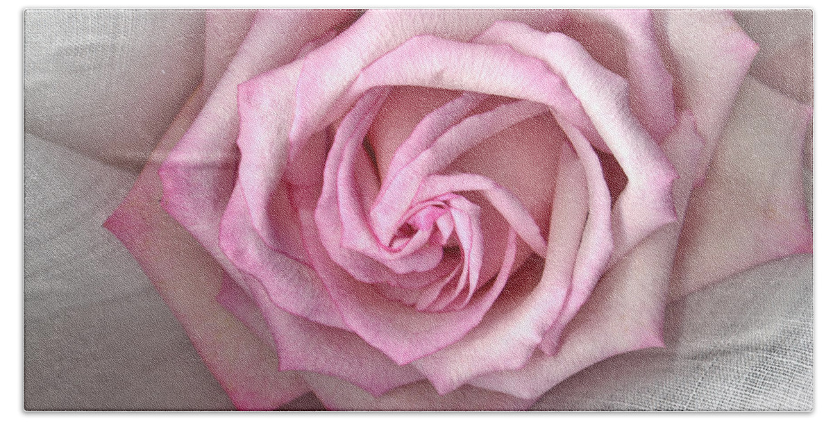 Pink Rose And Linen Hand Towel featuring the photograph Pink Rose And Linen by Sandra Foster
