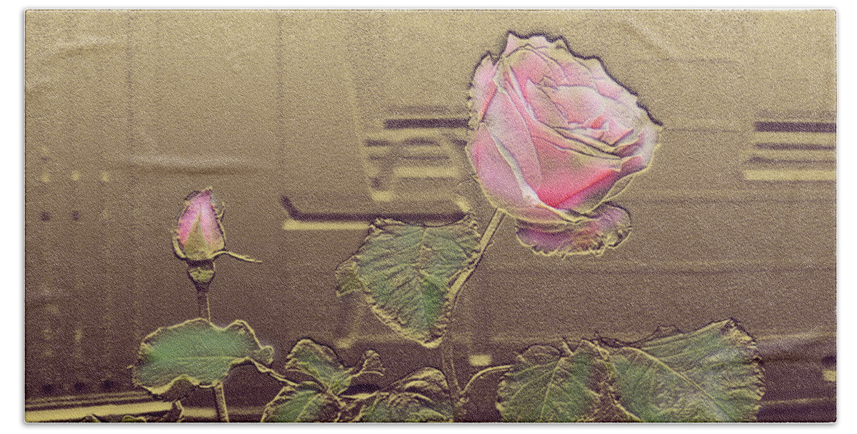  Hand Towel featuring the mixed media Pink Rose In Gold Leaf by Steve Karol