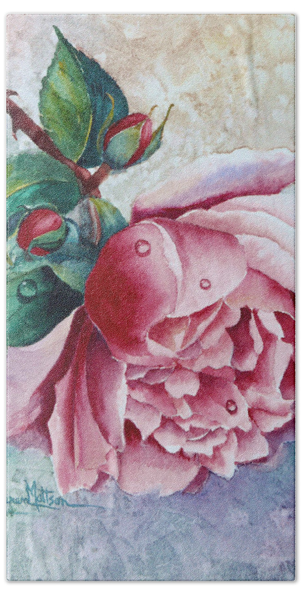 Rose Hand Towel featuring the painting Pink Rose With Waterdrops by Karen Mattson