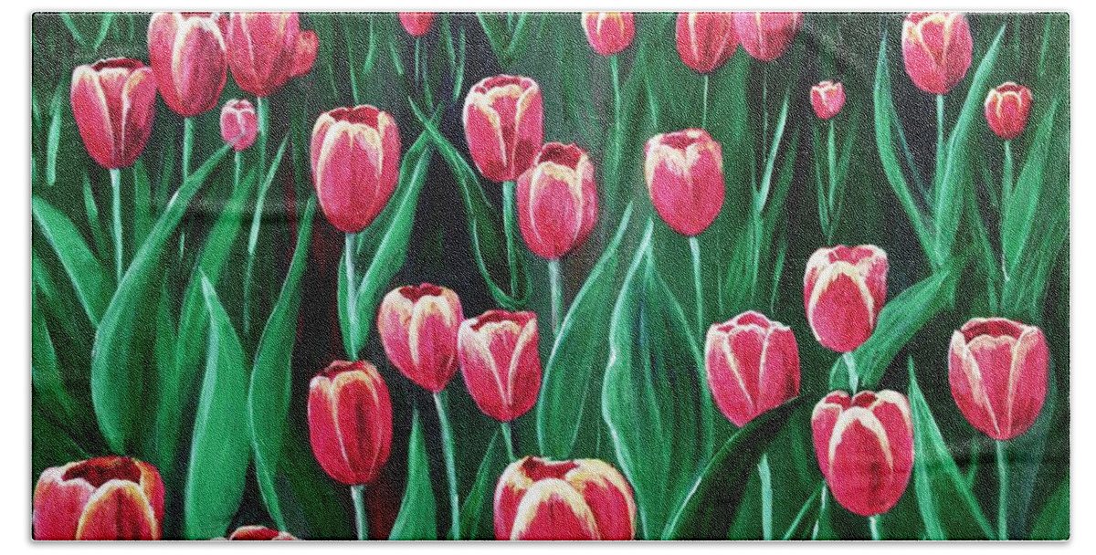Decorative Bath Towel featuring the painting Pink Tulip Field by Anastasiya Malakhova