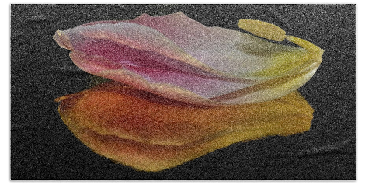 Flower Bath Towel featuring the photograph Pink Tulip Petal Reflected on Black by Phyllis Meinke